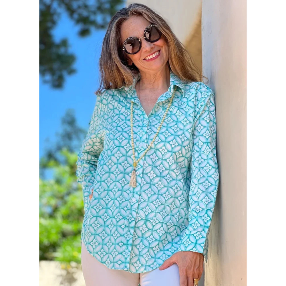 Pax Philomena Nina Aqua Floral‎ Button Down Blouse Medium Boho Lagenlook Artsy